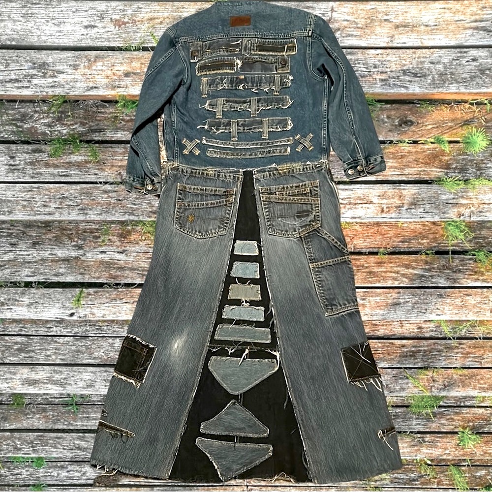 Upcycled patched distressed tattered fringed frayed vintage jean jacket duster